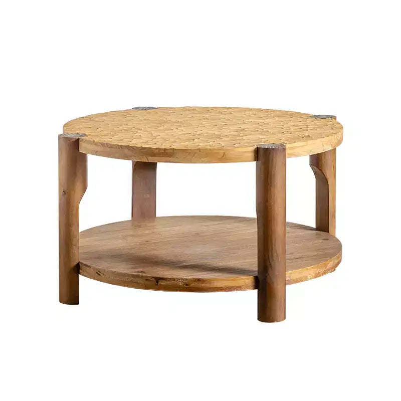 Table basse ronde de style Mid-Century avec rangement, table d'appoint à 2 niveaux en bois massif, naturelle - ModernLuxe