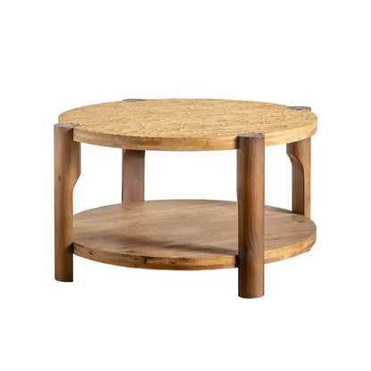 Table basse ronde de style Mid-Century avec rangement, table d'appoint à 2 niveaux en bois massif, naturelle - ModernLuxe