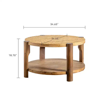 Table basse ronde de style Mid-Century avec rangement, table d'appoint à 2 niveaux en bois massif, naturelle - ModernLuxe
