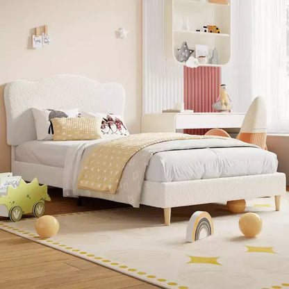 Upholstered Full Size Bed Frame for Kids with Scallop Headboard, Cute Velvet Full Bed for Girls, Boys, Sturdy Platform Bed, No Box Spring Needed