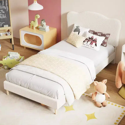 Cadre de lit double rembourré pour enfants avec tête de lit festonnée, lit double mignon en velours pour filles, garçons, lit plateforme robuste, aucun sommier tapissier requis