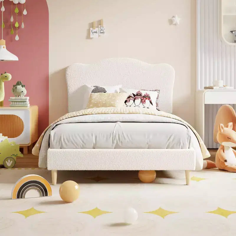 Cadre de lit double rembourré pour enfants avec tête de lit festonnée, lit double mignon en velours pour filles, garçons, lit plateforme robuste, aucun sommier tapissier requis