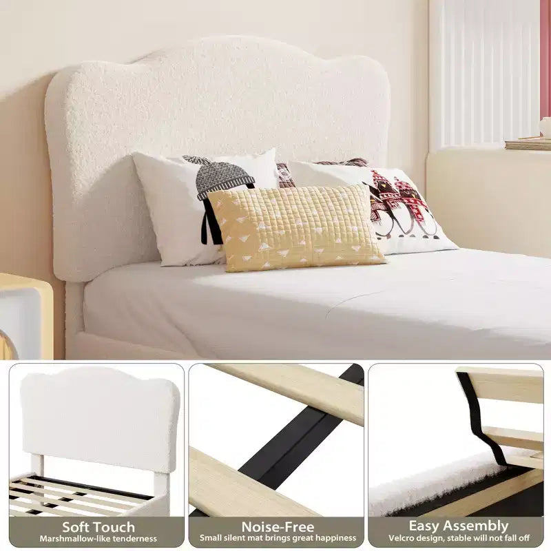 Cadre de lit double rembourré pour enfants avec tête de lit festonnée, lit double mignon en velours pour filles, garçons, lit plateforme robuste, aucun sommier tapissier requis