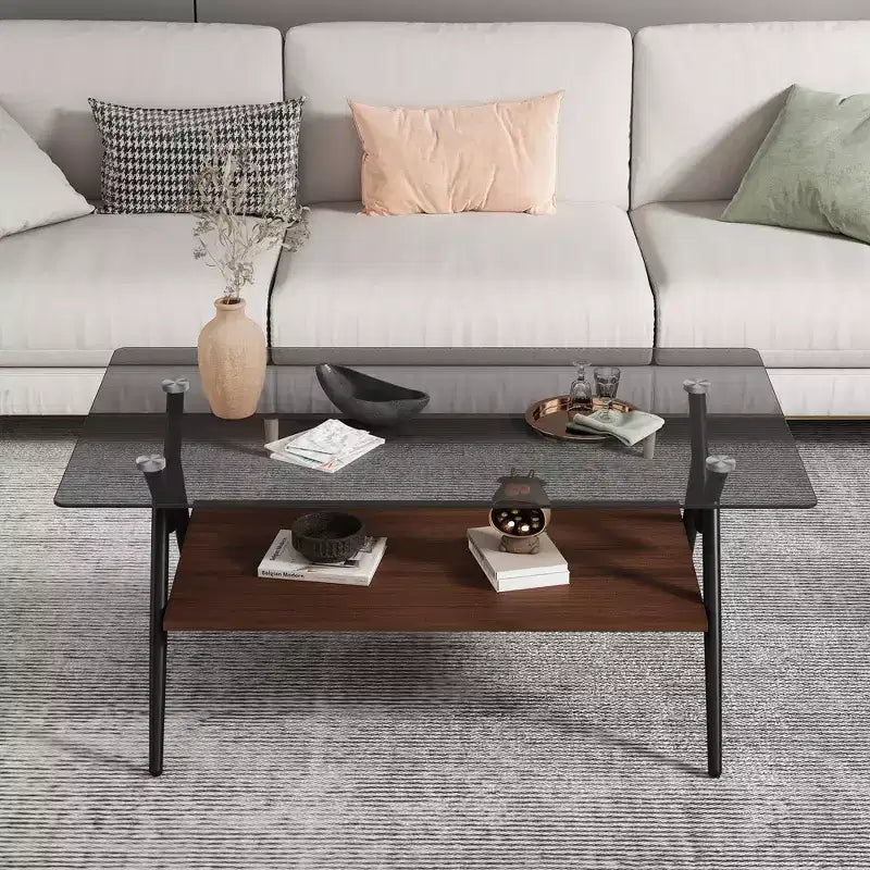 Table basse moderne GDFStudio Sardis avec plateau en verre trempé et étagère en bois