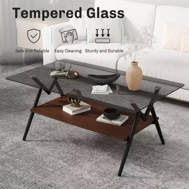 Table basse moderne GDFStudio Sardis avec plateau en verre trempé et étagère en bois