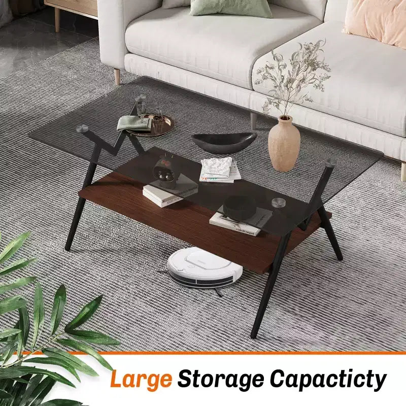Table basse moderne GDFStudio Sardis avec plateau en verre trempé et étagère en bois