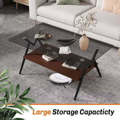 Table basse moderne GDFStudio Sardis avec plateau en verre trempé et étagère en bois