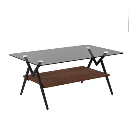 Table basse moderne GDFStudio Sardis avec plateau en verre trempé et étagère en bois