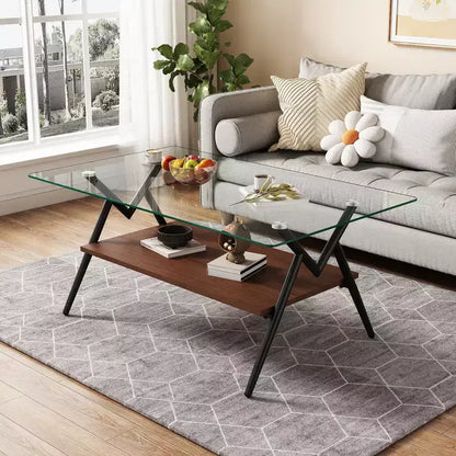 Table basse moderne GDFStudio Sardis avec plateau en verre trempé et étagère en bois