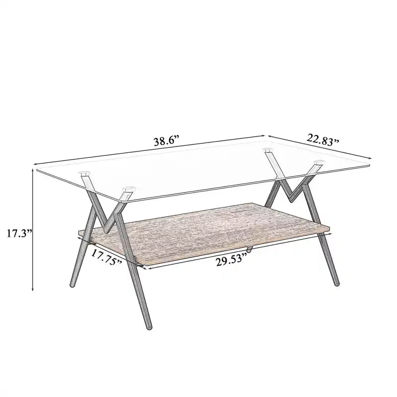 Table basse moderne GDFStudio Sardis avec plateau en verre trempé et étagère en bois