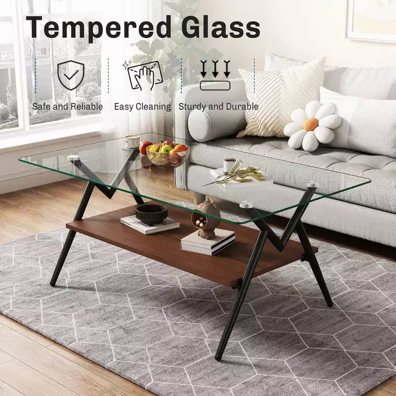 Table basse moderne GDFStudio Sardis avec plateau en verre trempé et étagère en bois