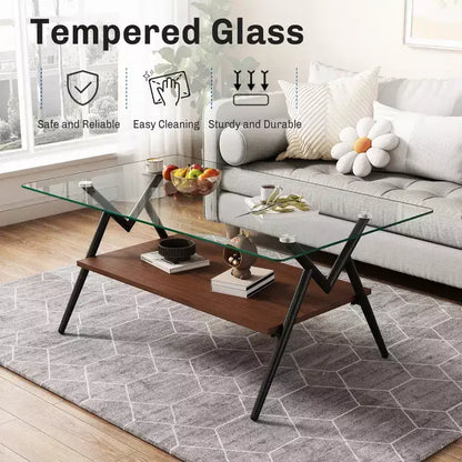 Table basse moderne GDFStudio Sardis avec plateau en verre trempé et étagère en bois