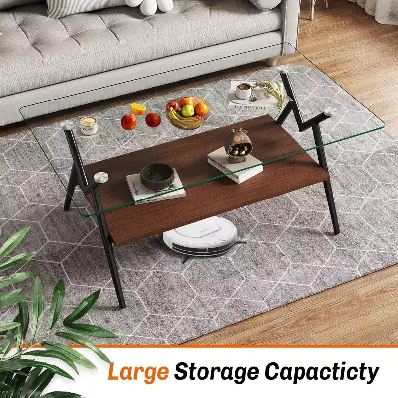 Table basse moderne GDFStudio Sardis avec plateau en verre trempé et étagère en bois