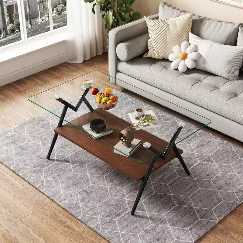 Table basse moderne GDFStudio Sardis avec plateau en verre trempé et étagère en bois