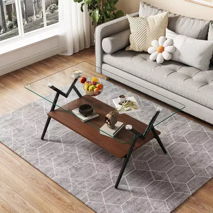 Table basse moderne GDFStudio Sardis avec plateau en verre trempé et étagère en bois