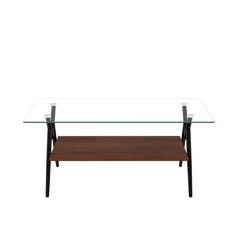 Table basse moderne GDFStudio Sardis avec plateau en verre trempé et étagère en bois