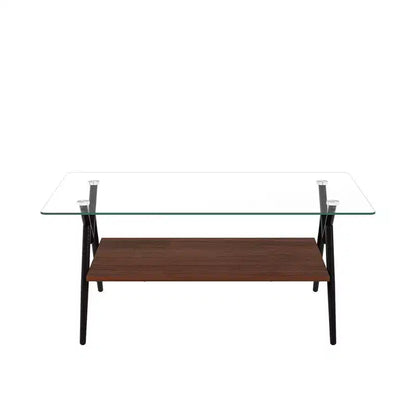 Table basse moderne GDFStudio Sardis avec plateau en verre trempé et étagère en bois