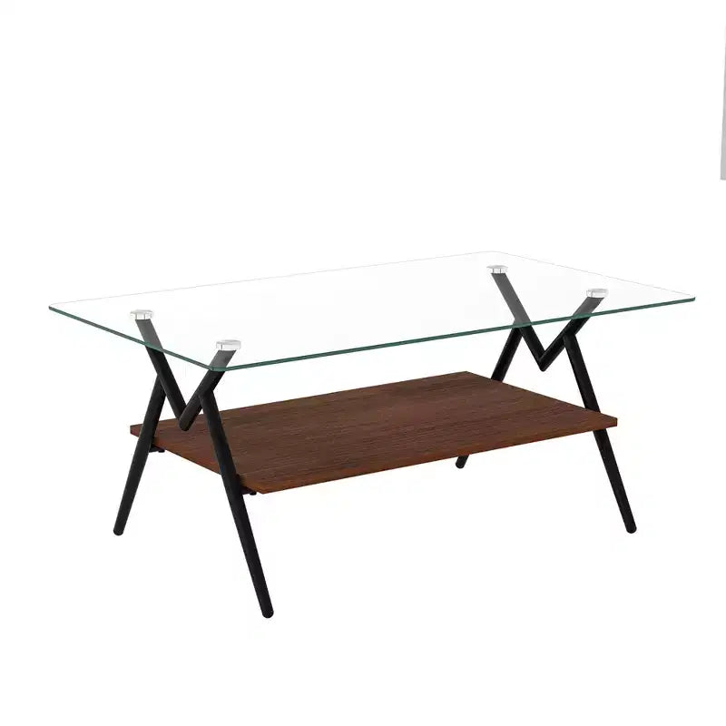 Table basse moderne GDFStudio Sardis avec plateau en verre trempé et étagère en bois