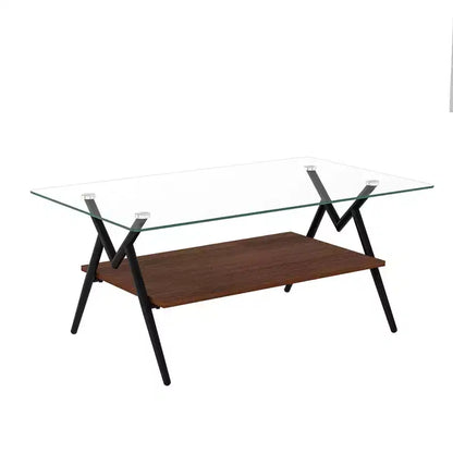 Table basse moderne GDFStudio Sardis avec plateau en verre trempé et étagère en bois