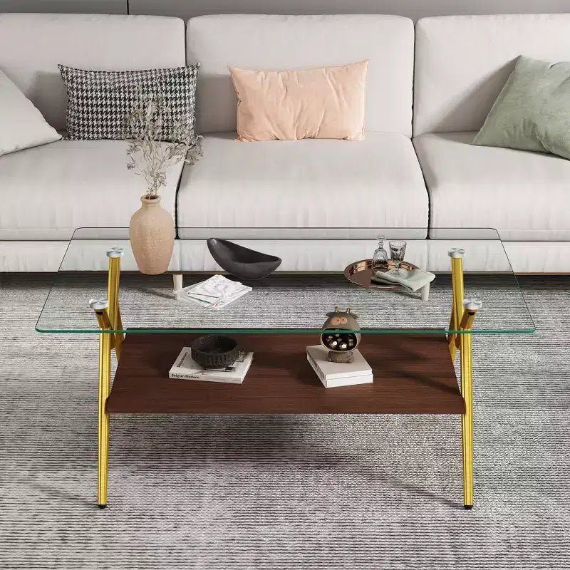 Table basse moderne GDFStudio Sardis avec plateau en verre trempé et étagère en bois