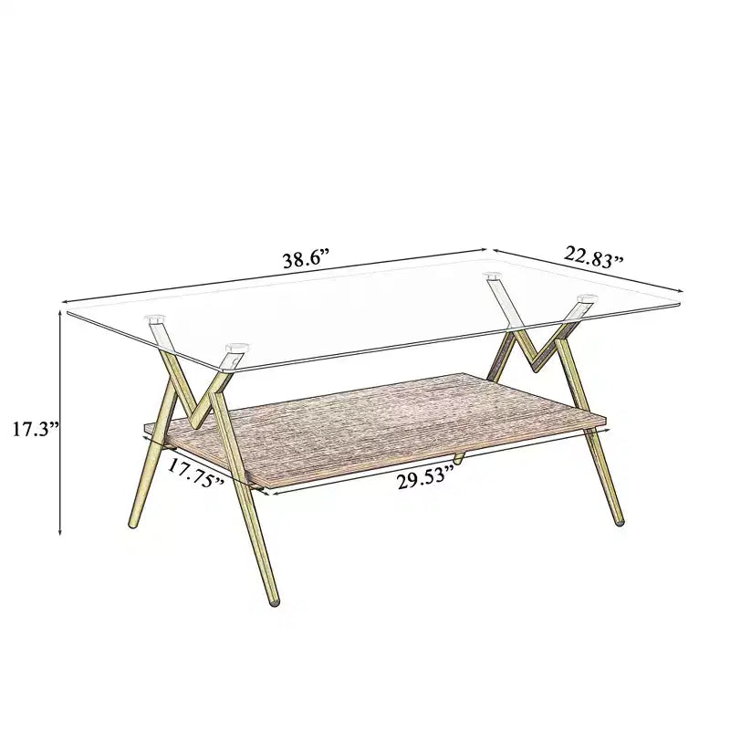Table basse moderne GDFStudio Sardis avec plateau en verre trempé et étagère en bois