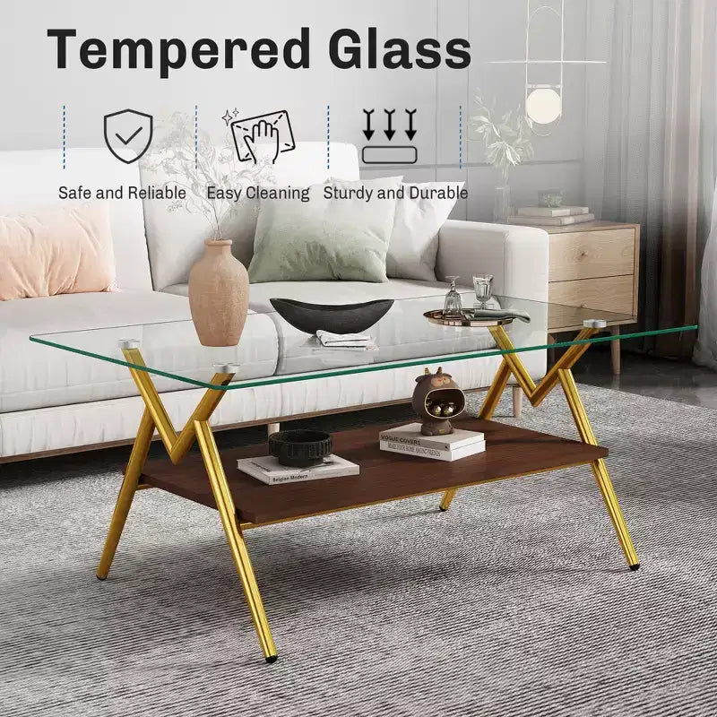 Table basse moderne GDFStudio Sardis avec plateau en verre trempé et étagère en bois