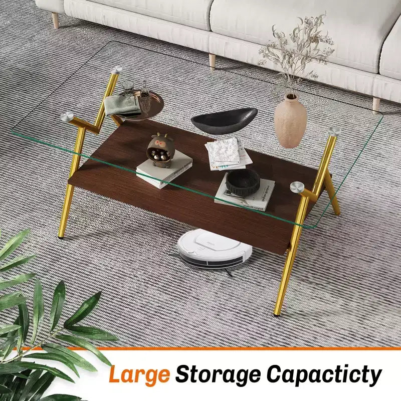 Table basse moderne GDFStudio Sardis avec plateau en verre trempé et étagère en bois