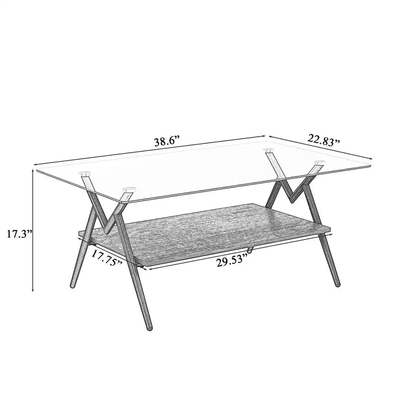Table basse moderne GDFStudio Sardis avec plateau en verre trempé et étagère en bois