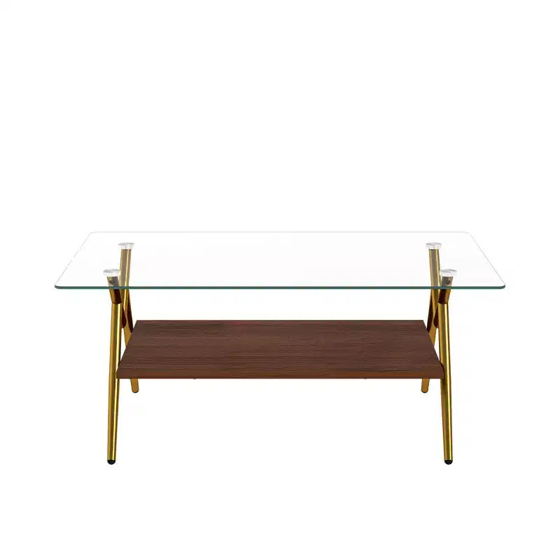 Table basse moderne GDFStudio Sardis avec plateau en verre trempé et étagère en bois