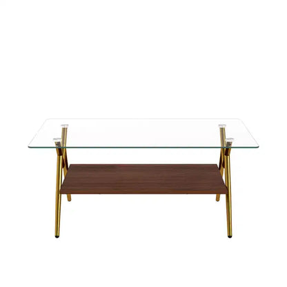 Table basse moderne GDFStudio Sardis avec plateau en verre trempé et étagère en bois