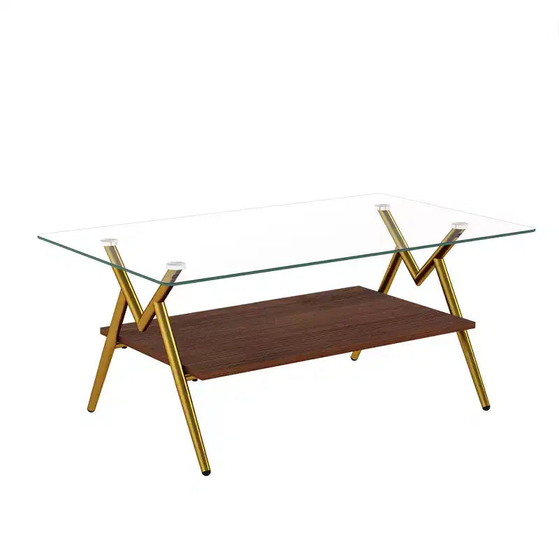 Table basse moderne GDFStudio Sardis avec plateau en verre trempé et étagère en bois