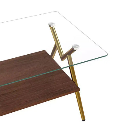 Table basse moderne GDFStudio Sardis avec plateau en verre trempé et étagère en bois