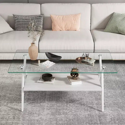 Table basse moderne GDFStudio Sardis avec plateau en verre trempé et étagère en bois