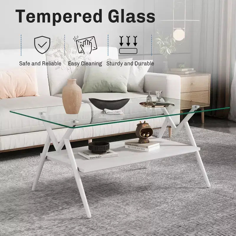 Table basse moderne GDFStudio Sardis avec plateau en verre trempé et étagère en bois