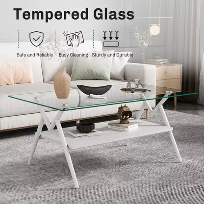 Table basse moderne GDFStudio Sardis avec plateau en verre trempé et étagère en bois