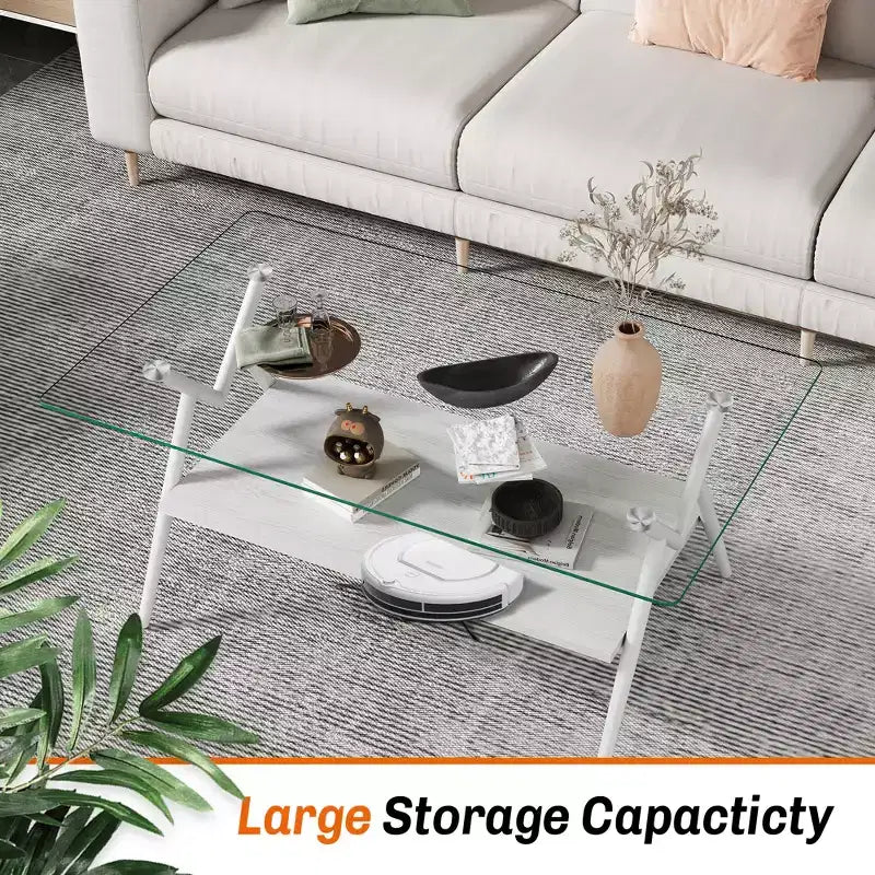 Table basse moderne GDFStudio Sardis avec plateau en verre trempé et étagère en bois