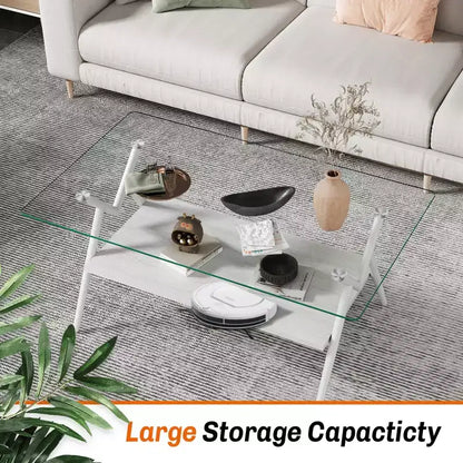 Table basse moderne GDFStudio Sardis avec plateau en verre trempé et étagère en bois