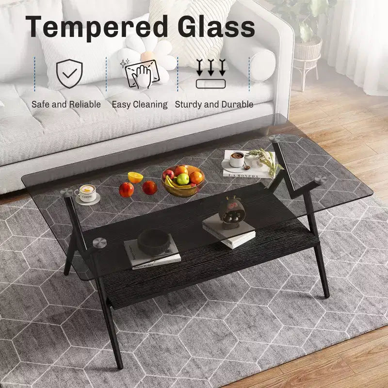 Table basse moderne GDFStudio Sardis avec plateau en verre trempé et étagère en bois
