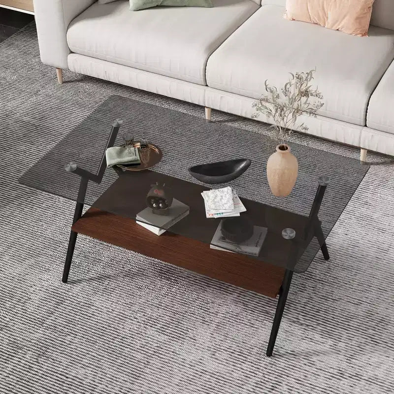 Table basse moderne GDFStudio Sardis avec plateau en verre trempé et étagère en bois
