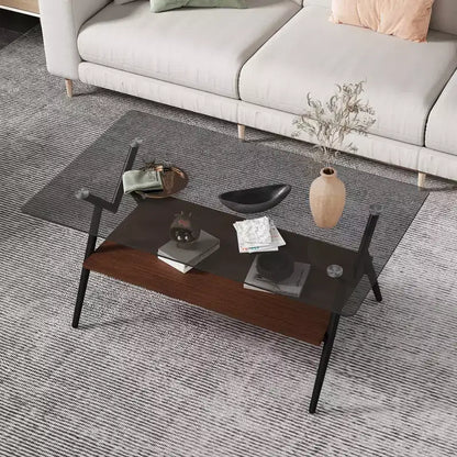 Table basse moderne GDFStudio Sardis avec plateau en verre trempé et étagère en bois