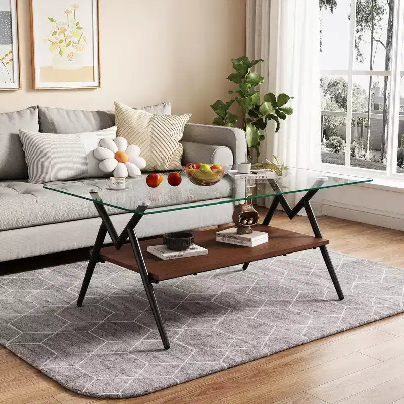 Table basse moderne GDFStudio Sardis avec plateau en verre trempé et étagère en bois