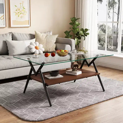 Table basse moderne GDFStudio Sardis avec plateau en verre trempé et étagère en bois