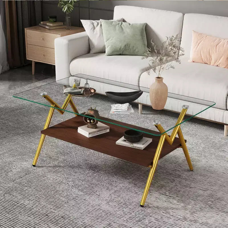 Table basse moderne GDFStudio Sardis avec plateau en verre trempé et étagère en bois