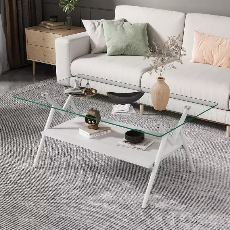 Table basse moderne GDFStudio Sardis avec plateau en verre trempé et étagère en bois