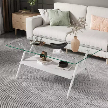 Table basse moderne GDFStudio Sardis avec plateau en verre trempé et étagère en bois
