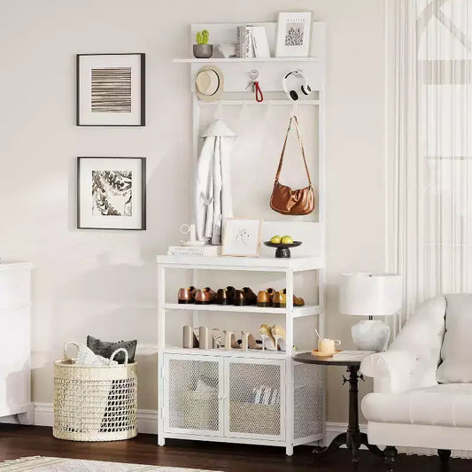 Acekool Meuble d'entrée avec Portes, Portemanteau Étroit et Rangement Chaussures 185 cm, Organisateur d'entrée avec 7 Crochets, Étagères et Armoire Grillagée, Blanc