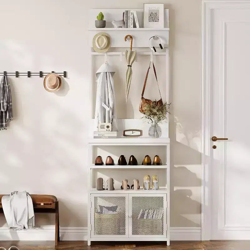 Acekool Meuble d'entrée avec Portes, Portemanteau Étroit et Rangement Chaussures 185 cm, Organisateur d'entrée avec 7 Crochets, Étagères et Armoire Grillagée, Blanc