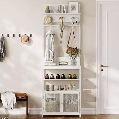 Acekool Meuble d'entrée avec Portes, Portemanteau Étroit et Rangement Chaussures 185 cm, Organisateur d'entrée avec 7 Crochets, Étagères et Armoire Grillagée, Blanc