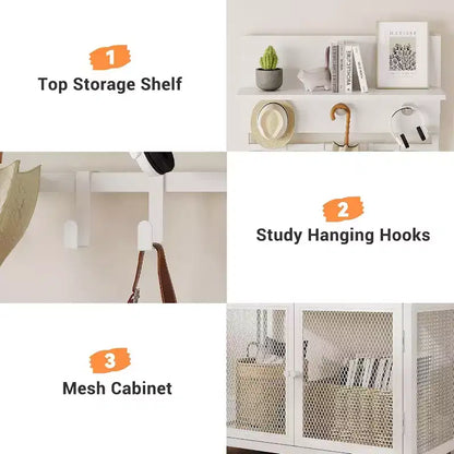 Acekool Meuble d'entrée avec Portes, Portemanteau Étroit et Rangement Chaussures 185 cm, Organisateur d'entrée avec 7 Crochets, Étagères et Armoire Grillagée, Blanc