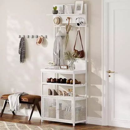Acekool Meuble d'entrée avec Portes, Portemanteau Étroit et Rangement Chaussures 185 cm, Organisateur d'entrée avec 7 Crochets, Étagères et Armoire Grillagée, Blanc